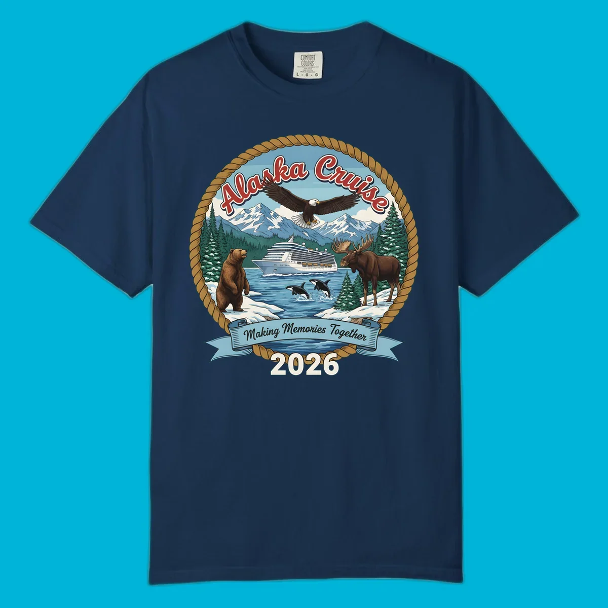 An illustrated round design for an Alaska cruise in 2026, featuring a ship, bald eagle, bear, moose, and orcas.