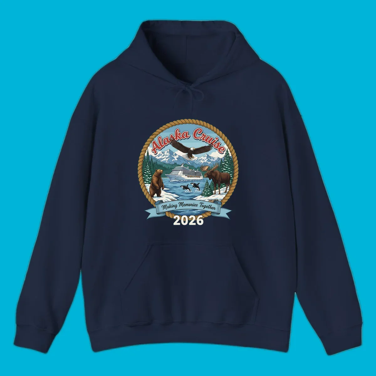 An illustrated round design for an Alaska cruise in 2026, featuring a ship, bald eagle, bear, moose, and orcas.