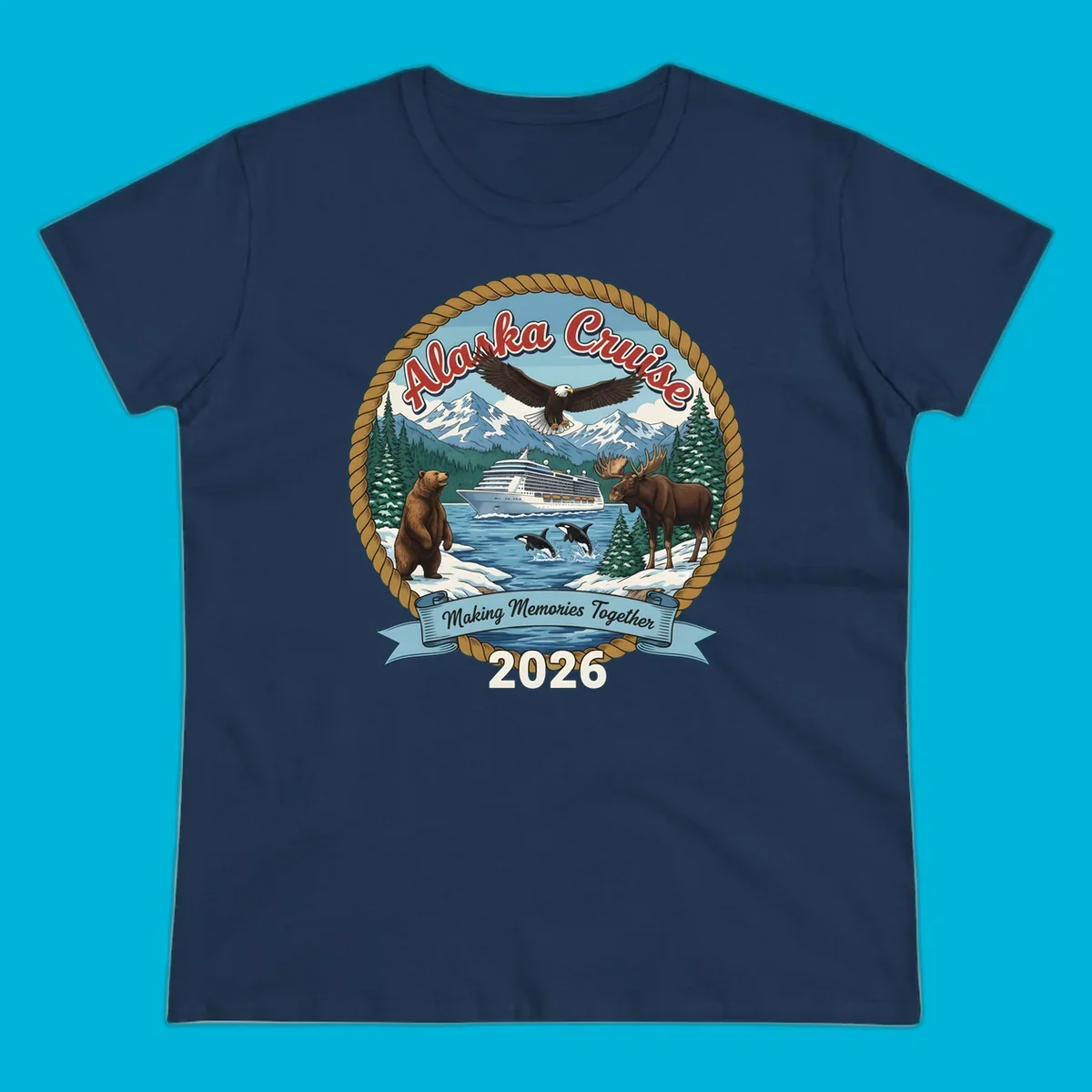 An illustrated round design for an Alaska cruise in 2026, featuring a ship, bald eagle, bear, moose, and orcas.