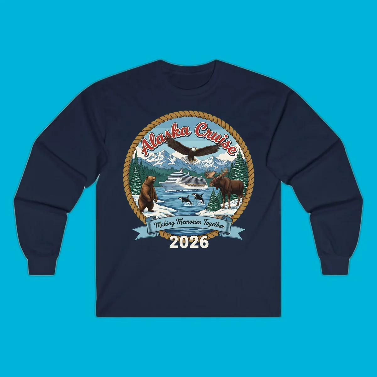 An illustrated round design for an Alaska cruise in 2026, featuring a ship, bald eagle, bear, moose, and orcas.