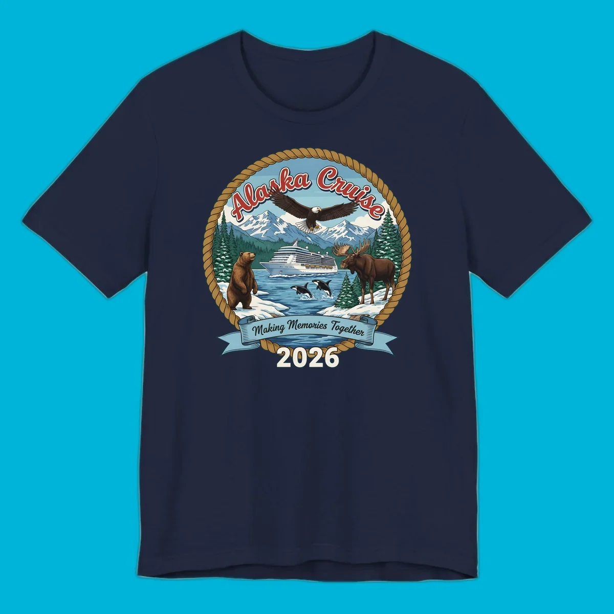 An illustrated round design for an Alaska cruise in 2026, featuring a ship, bald eagle, bear, moose, and orcas.