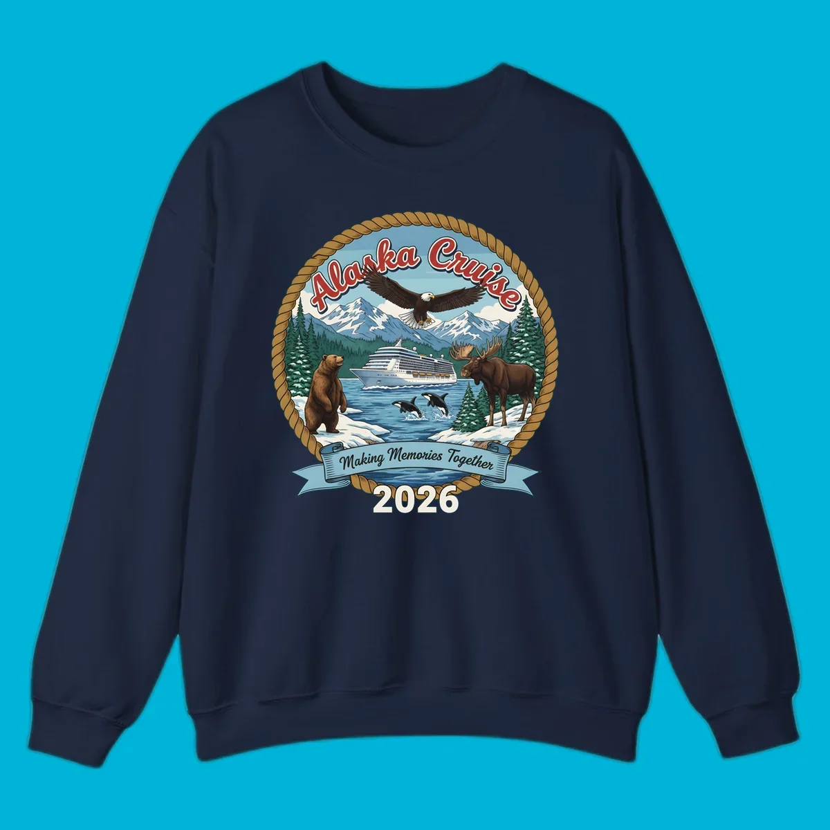 An illustrated round design for an Alaska cruise in 2026, featuring a ship, bald eagle, bear, moose, and orcas.