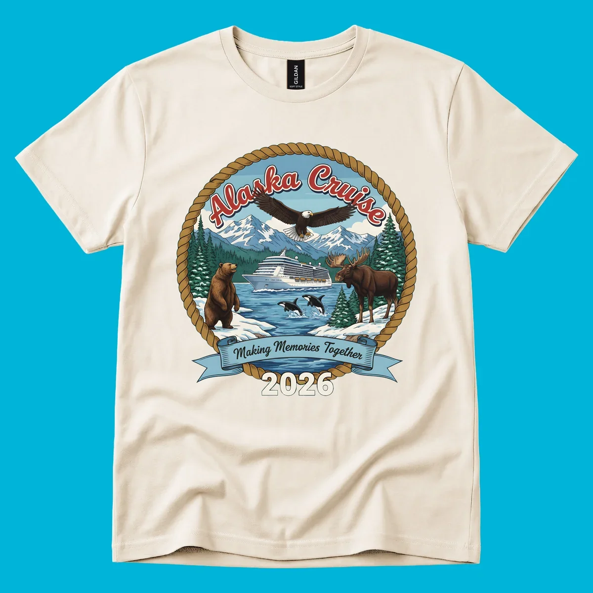 An illustrated round design for an Alaska cruise in 2026, featuring a ship, bald eagle, bear, moose, and orcas.
