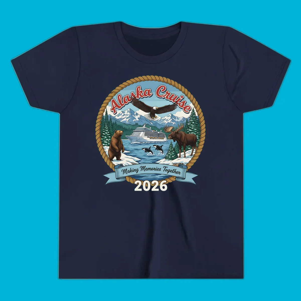 An illustrated round design for an Alaska cruise in 2026, featuring a ship, bald eagle, bear, moose, and orcas.
