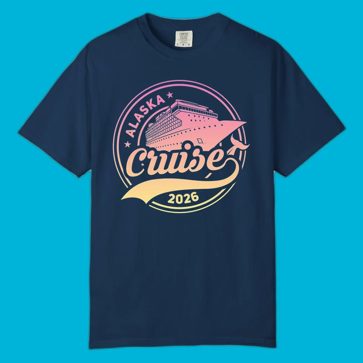 A circular badge design with a pink and orange gradient, featuring a cruise ship, stars, and the text 'ALASKA Cruise 2026'.