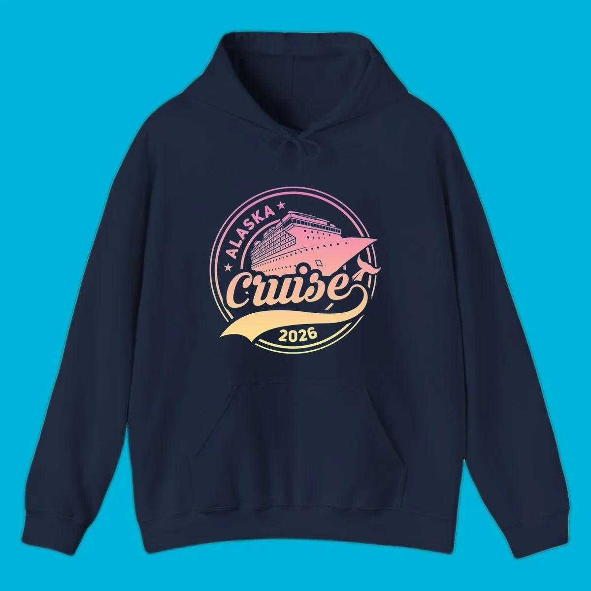 A circular badge design with a pink and orange gradient, featuring a cruise ship, stars, and the text 'ALASKA Cruise 2026'.