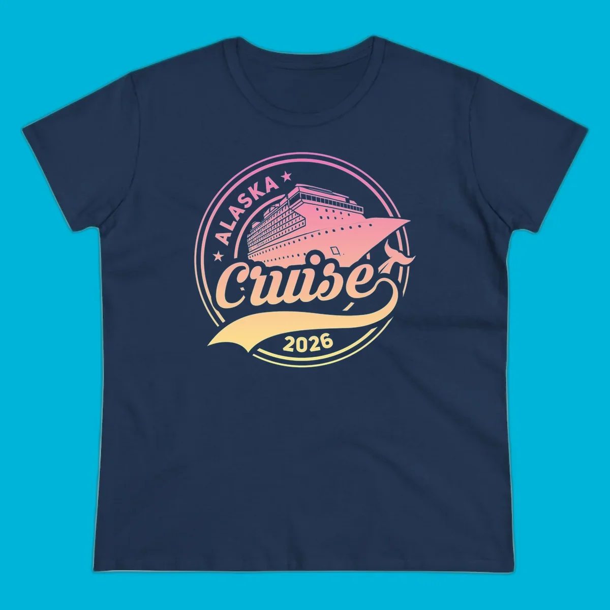 A circular badge design with a pink and orange gradient, featuring a cruise ship, stars, and the text 'ALASKA Cruise 2026'.