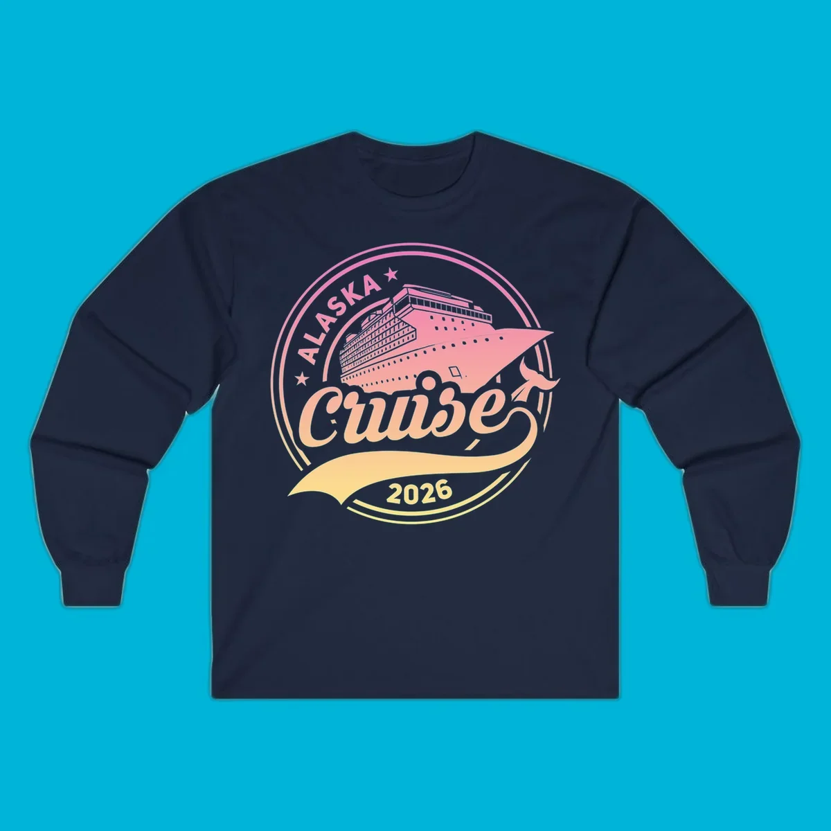 A circular badge design with a pink and orange gradient, featuring a cruise ship, stars, and the text 'ALASKA Cruise 2026'.