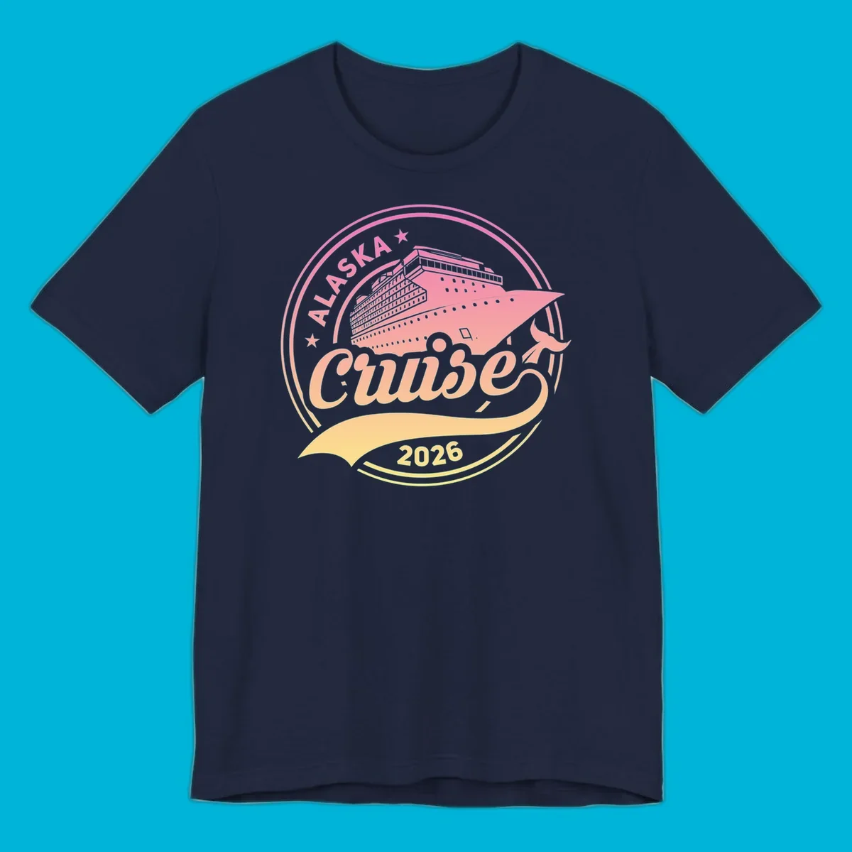 A circular badge design with a pink and orange gradient, featuring a cruise ship, stars, and the text 'ALASKA Cruise 2026'.