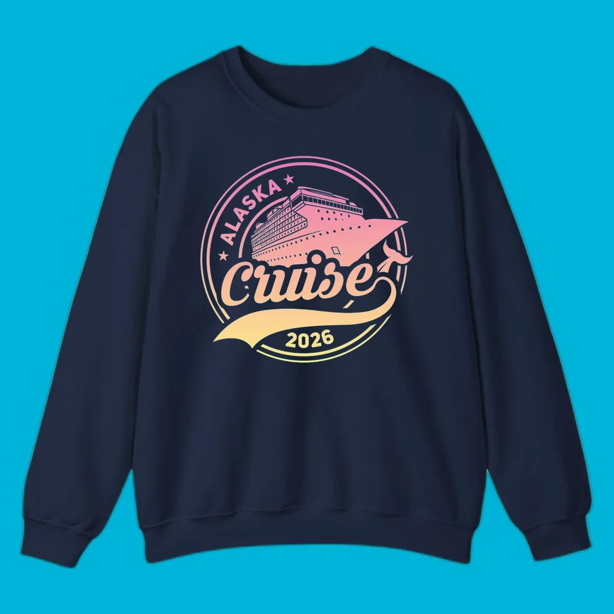A circular badge design with a pink and orange gradient, featuring a cruise ship, stars, and the text 'ALASKA Cruise 2026'.
