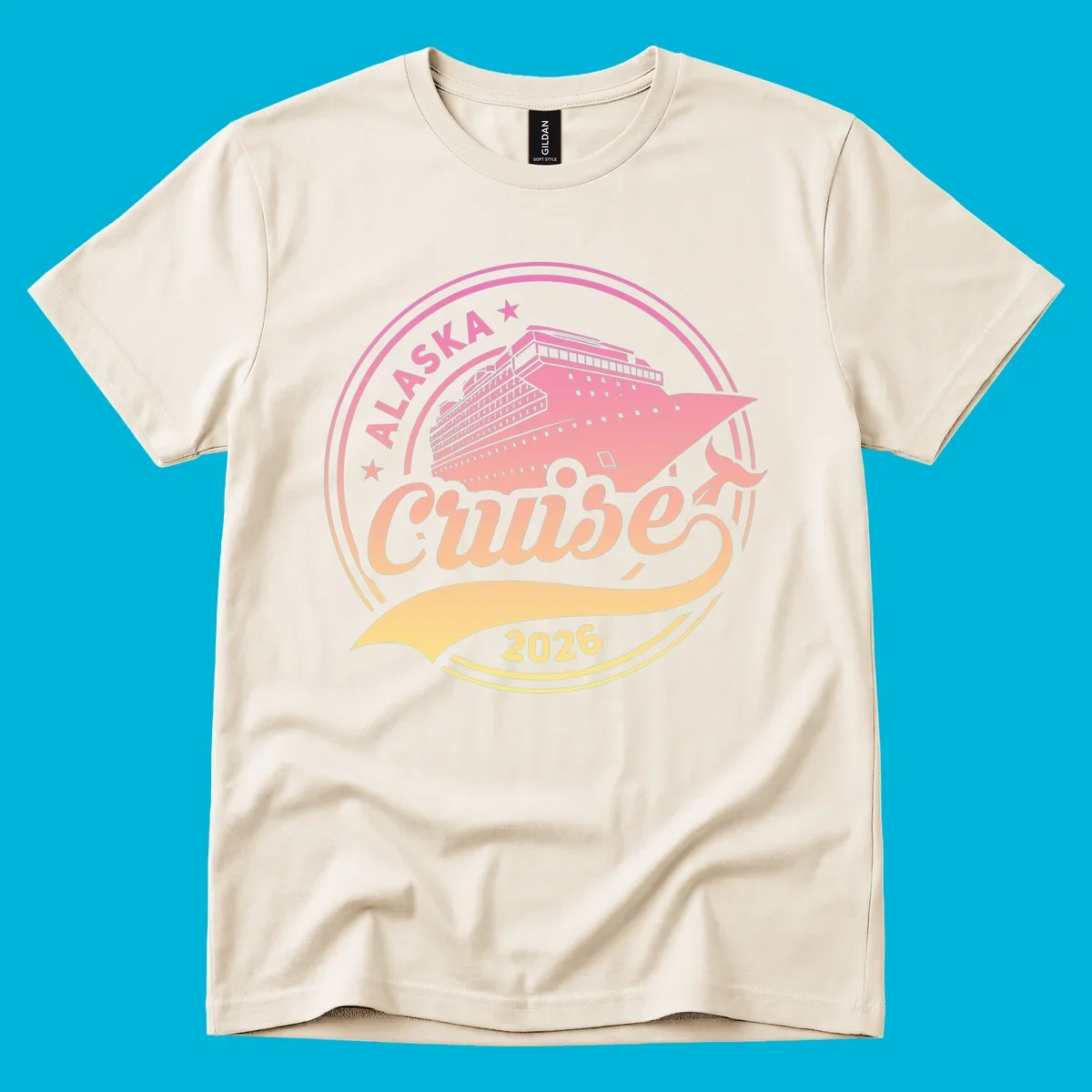 A circular badge design with a pink and orange gradient, featuring a cruise ship, stars, and the text 'ALASKA Cruise 2026'.
