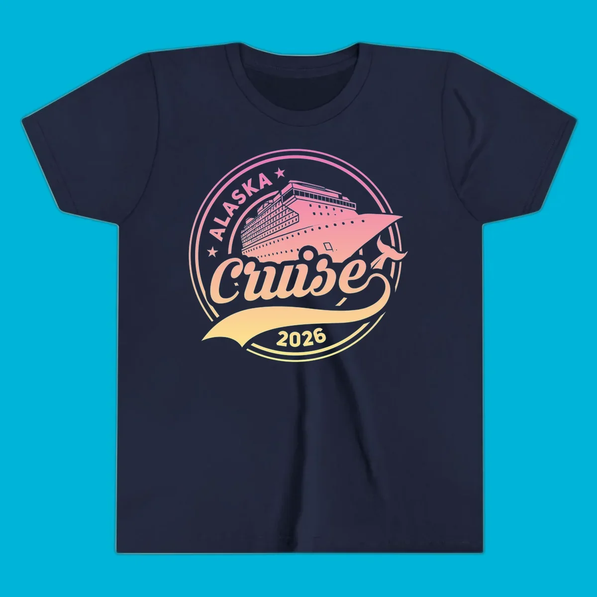 A circular badge design with a pink and orange gradient, featuring a cruise ship, stars, and the text 'ALASKA Cruise 2026'.