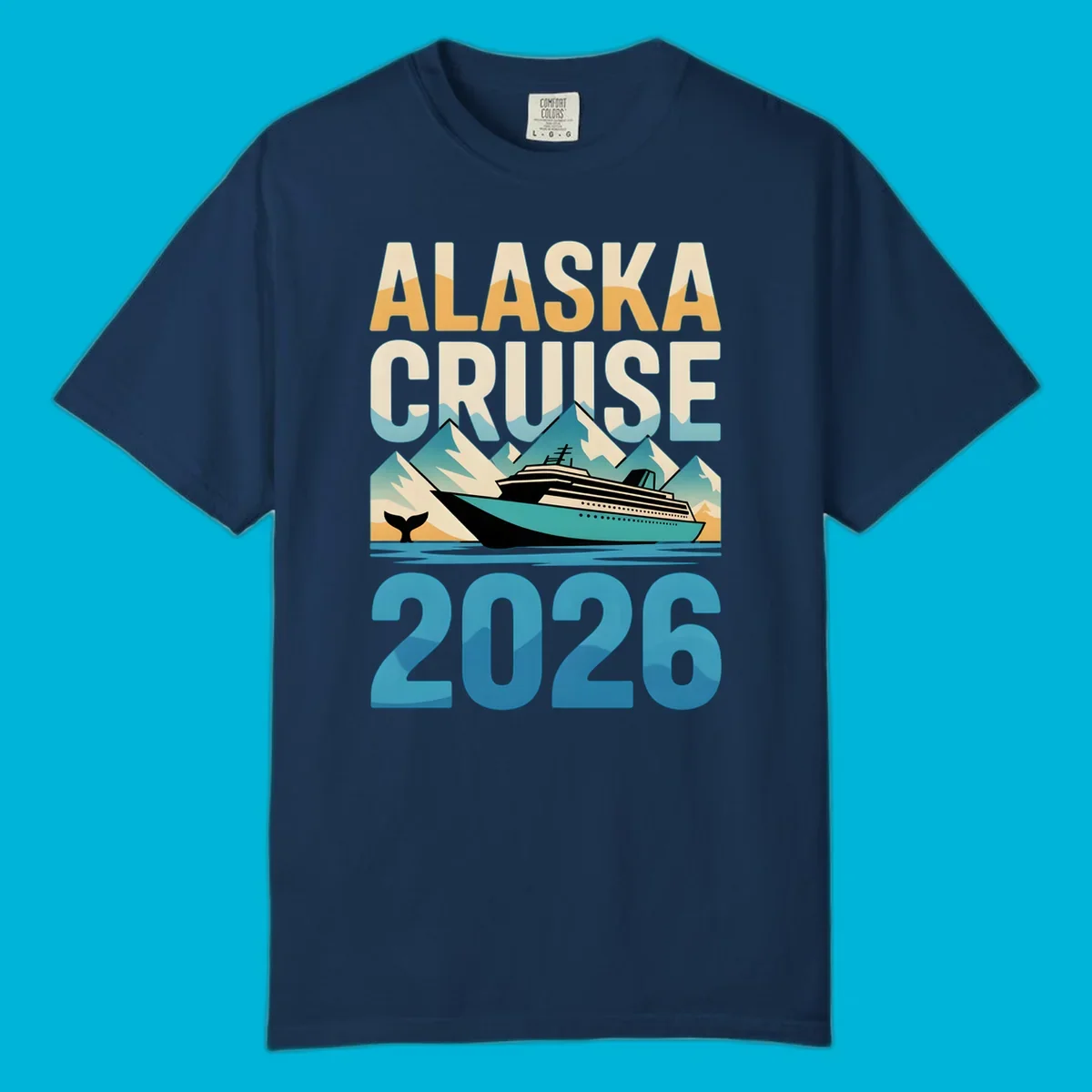 Vintage-style 'ALASKA CRUISE 2026' design with a cruise ship, mountains, and whale tail; alaska-cruise-ship-2026.