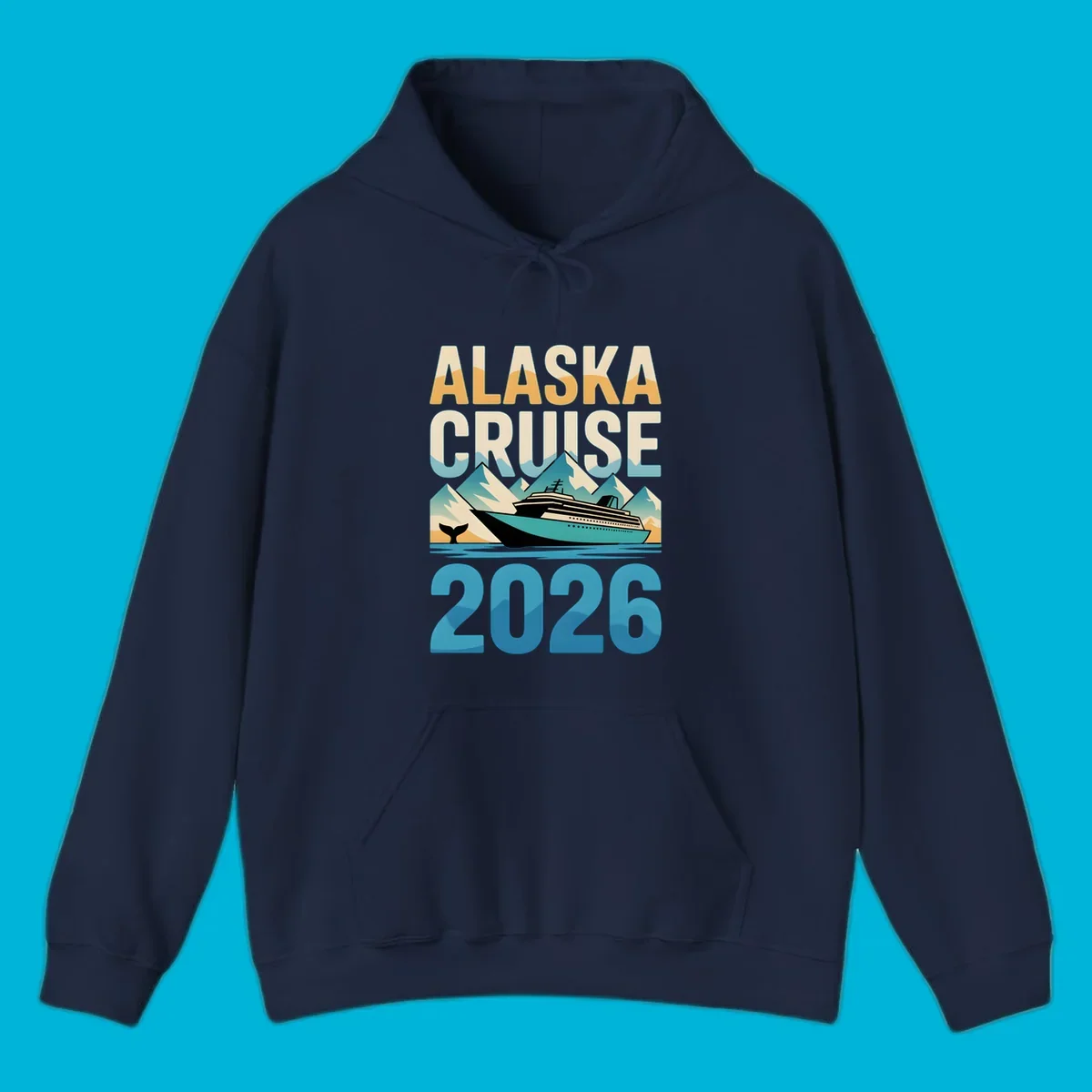 Vintage-style 'ALASKA CRUISE 2026' design with a cruise ship, mountains, and whale tail; alaska-cruise-ship-2026.