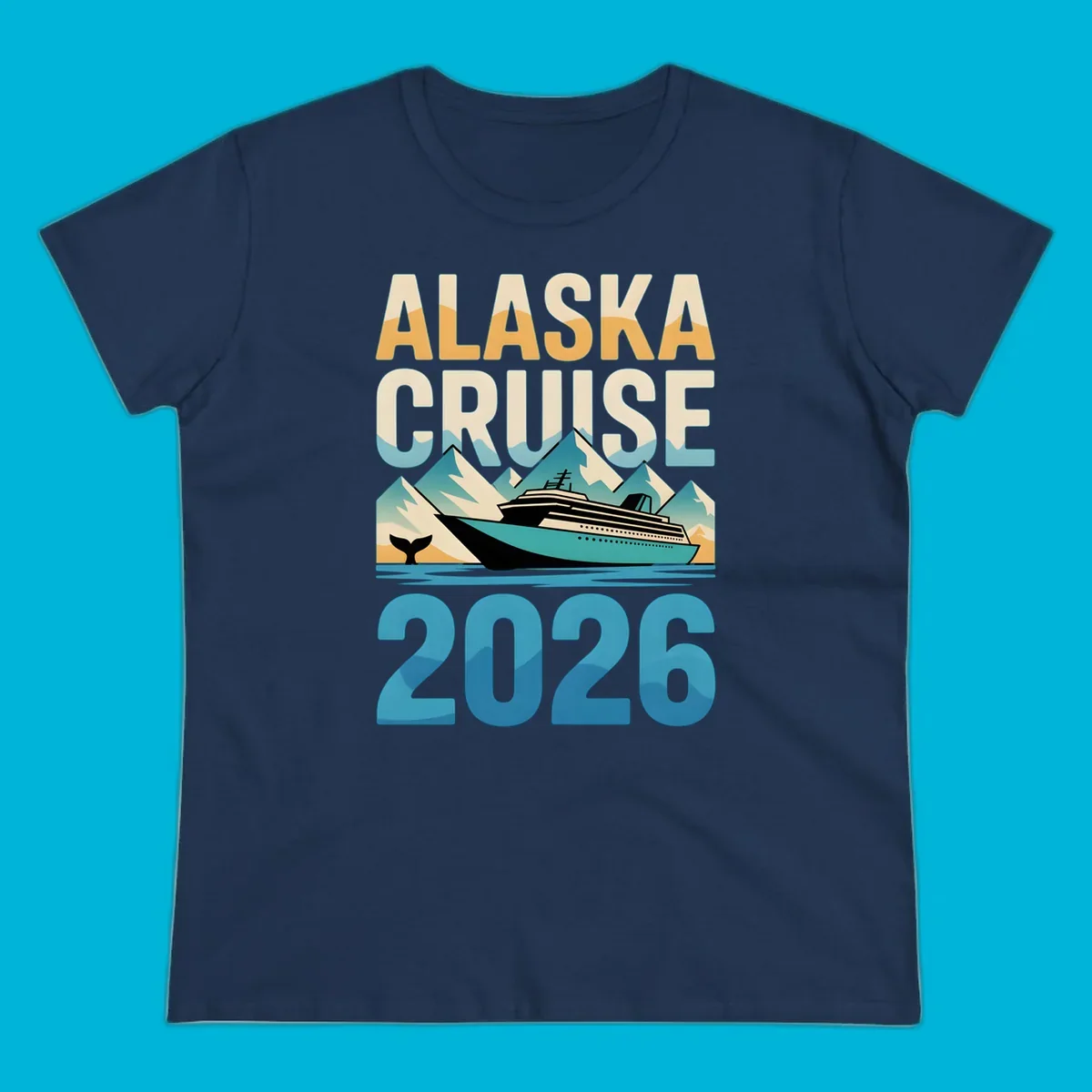 Vintage-style 'ALASKA CRUISE 2026' design with a cruise ship, mountains, and whale tail; alaska-cruise-ship-2026.