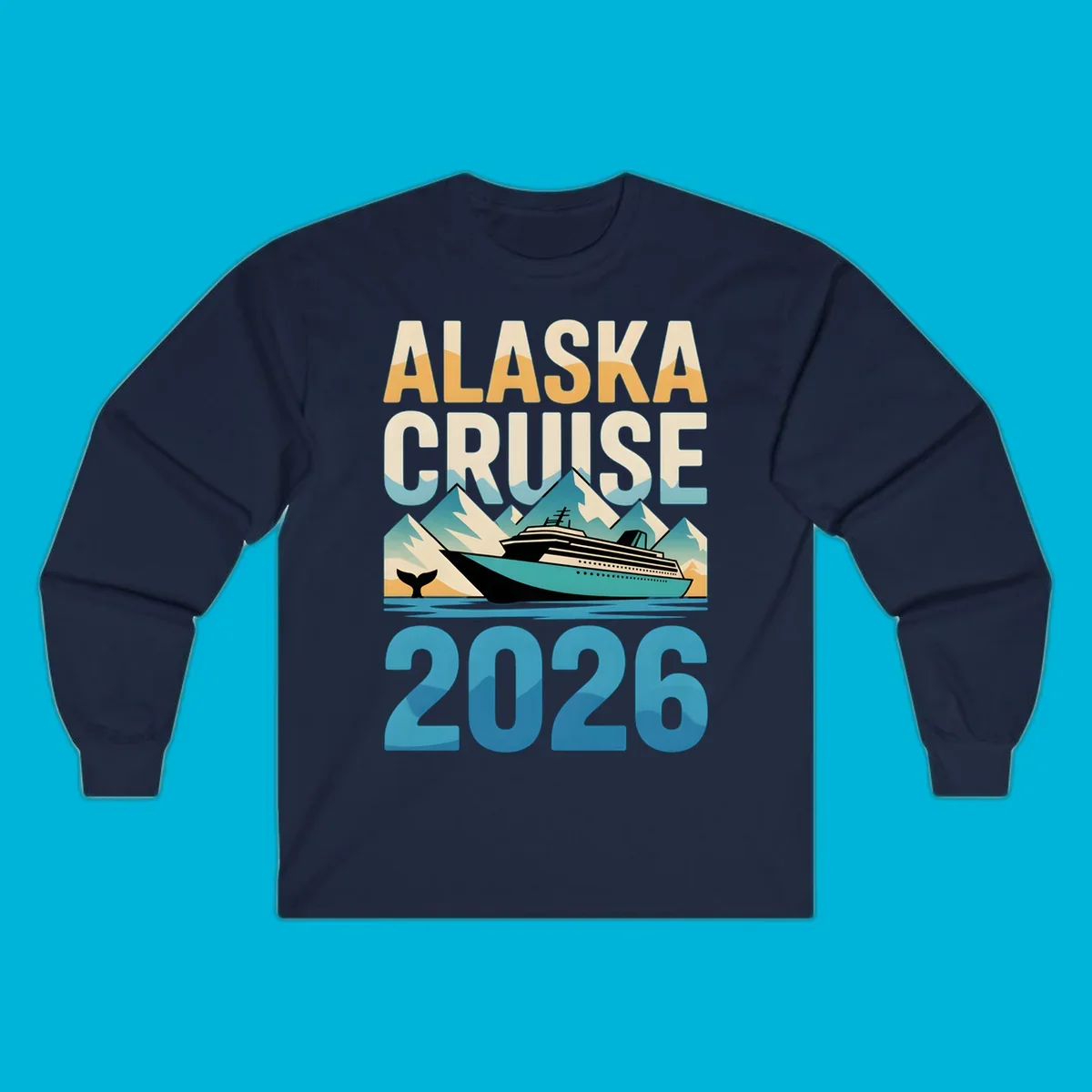 Vintage-style 'ALASKA CRUISE 2026' design with a cruise ship, mountains, and whale tail; alaska-cruise-ship-2026.