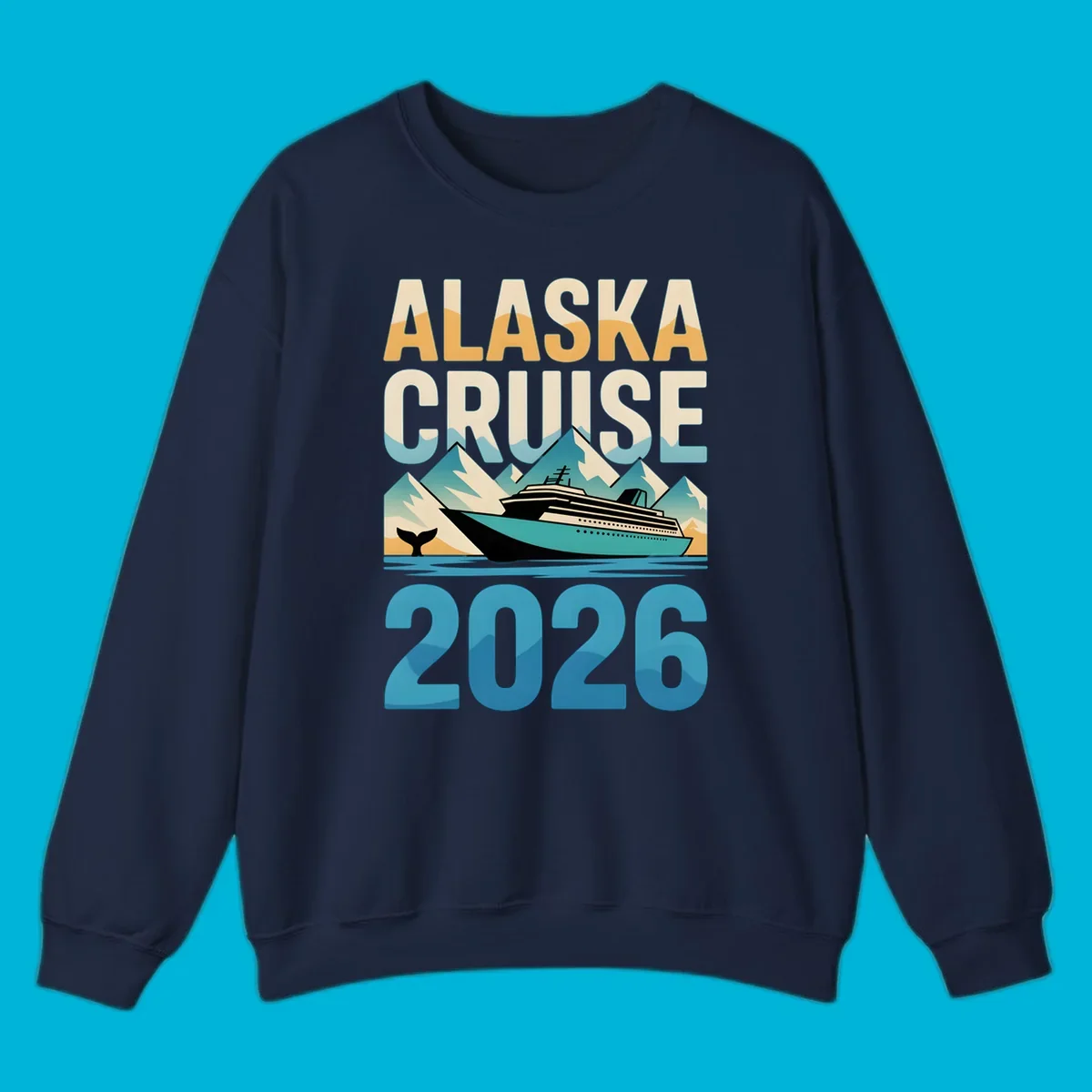Vintage-style 'ALASKA CRUISE 2026' design with a cruise ship, mountains, and whale tail; alaska-cruise-ship-2026.