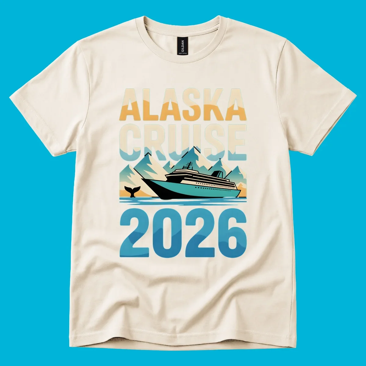 Vintage-style 'ALASKA CRUISE 2026' design with a cruise ship, mountains, and whale tail; alaska-cruise-ship-2026.