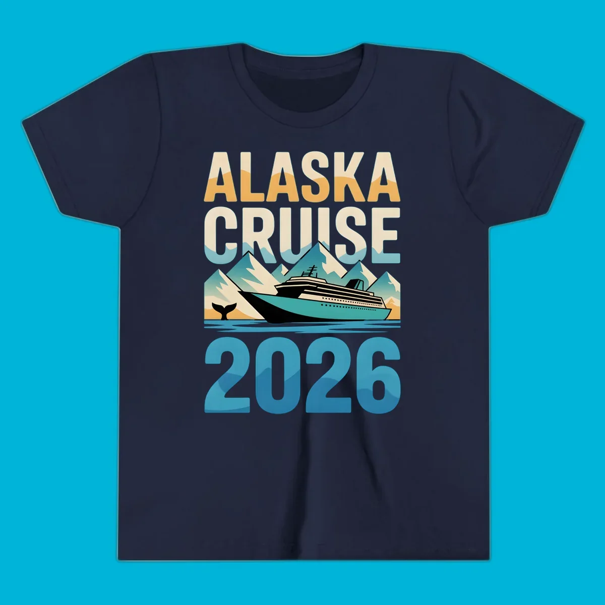 Vintage-style 'ALASKA CRUISE 2026' design with a cruise ship, mountains, and whale tail; alaska-cruise-ship-2026.