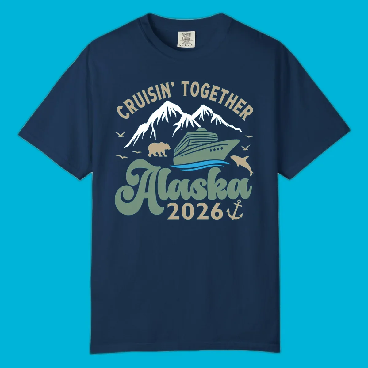 An illustration for a cruisin-together-alaska-2026 design, showing a cruise ship, mountains, bear, dolphin, and birds.