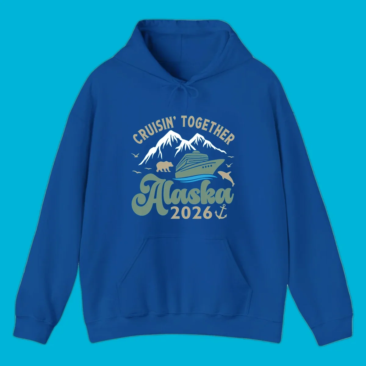 An illustration for a cruisin-together-alaska-2026 design, showing a cruise ship, mountains, bear, dolphin, and birds.