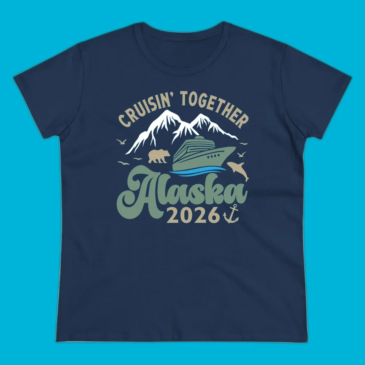 An illustration for a cruisin-together-alaska-2026 design, showing a cruise ship, mountains, bear, dolphin, and birds.