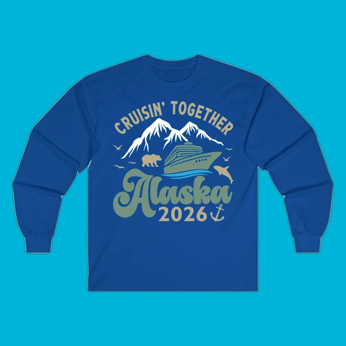 An illustration for a cruisin-together-alaska-2026 design, showing a cruise ship, mountains, bear, dolphin, and birds.