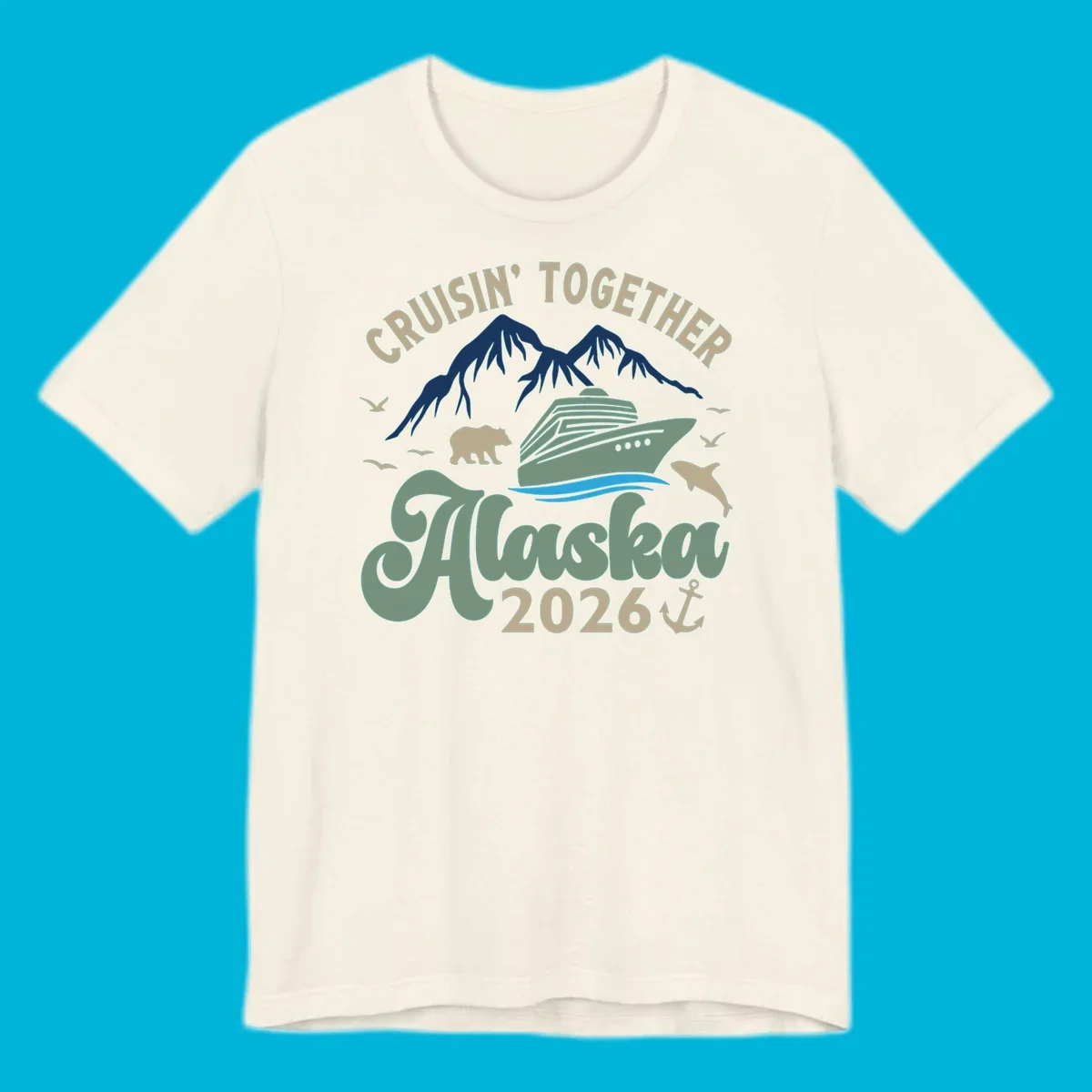 An illustration for a cruisin-together-alaska-2026 design, showing a cruise ship, mountains, bear, dolphin, and birds.