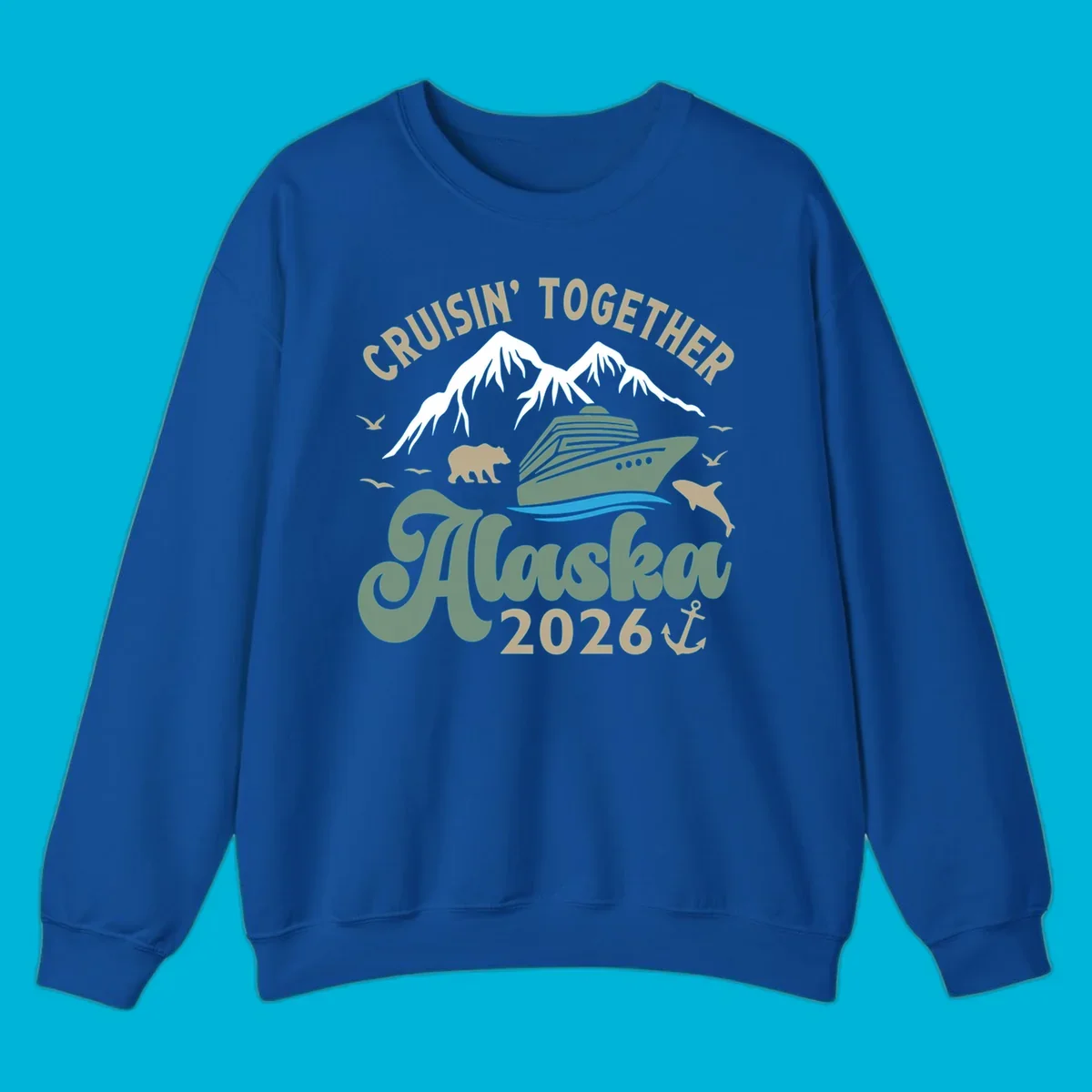 An illustration for a cruisin-together-alaska-2026 design, showing a cruise ship, mountains, bear, dolphin, and birds.