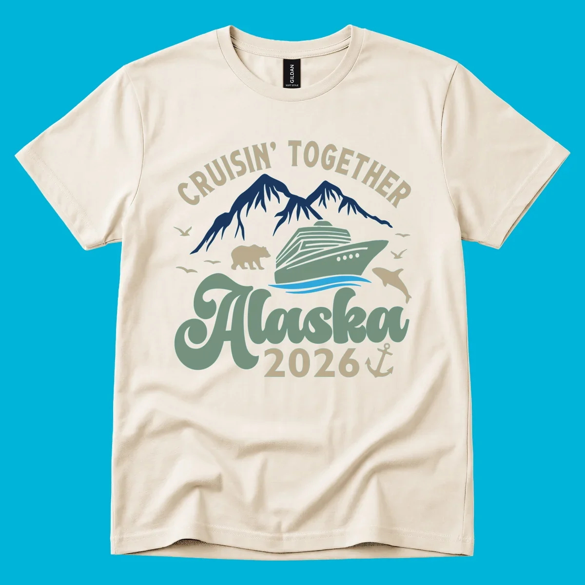 An illustration for a cruisin-together-alaska-2026 design, showing a cruise ship, mountains, bear, dolphin, and birds.