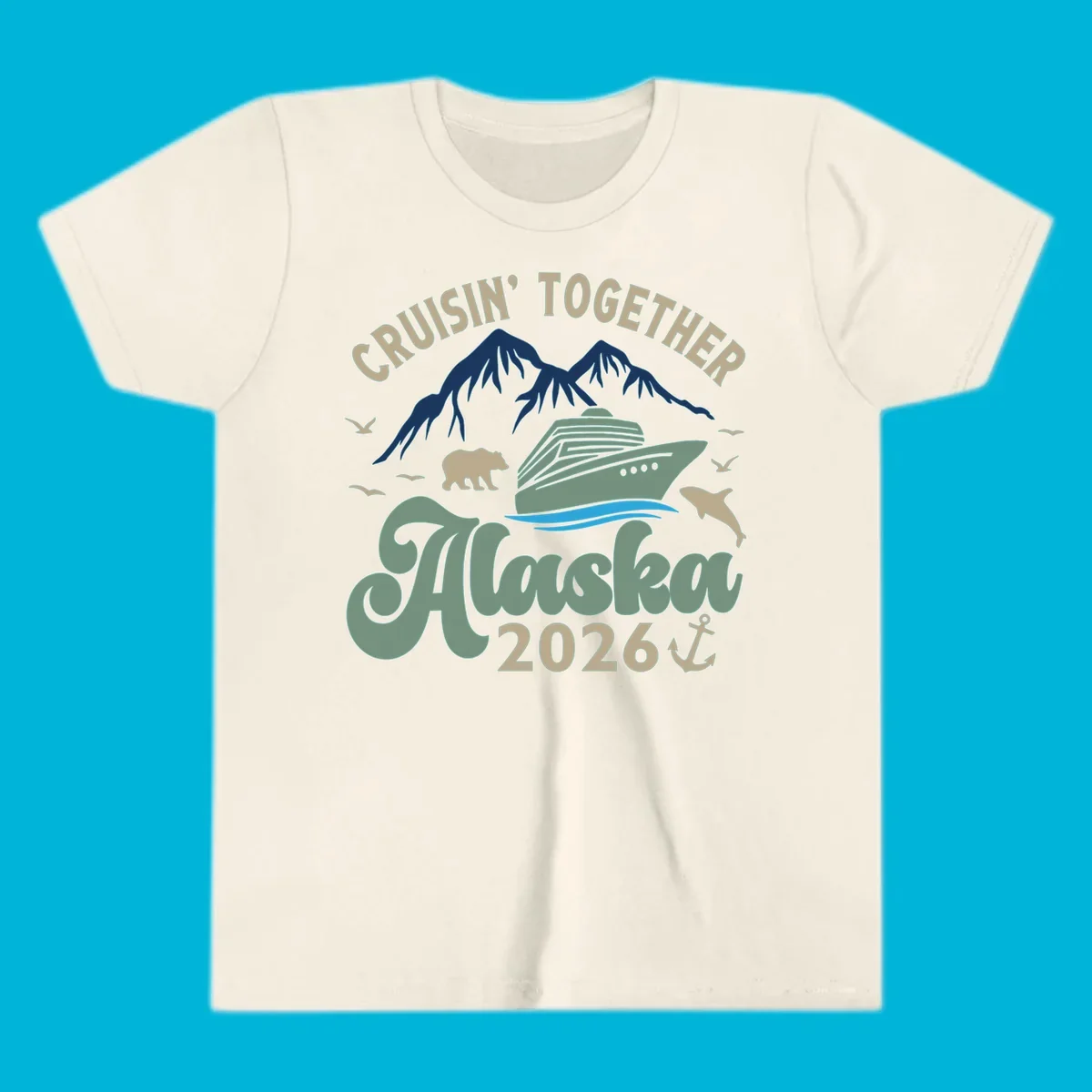 An illustration for a cruisin-together-alaska-2026 design, showing a cruise ship, mountains, bear, dolphin, and birds.
