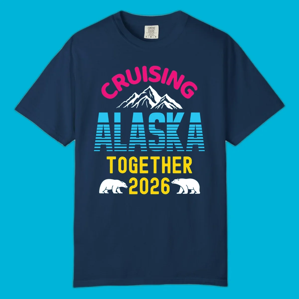 A scenic design for an Alaska cruise in 2026, with pink, blue, and yellow text, mountains, and two polar bears.