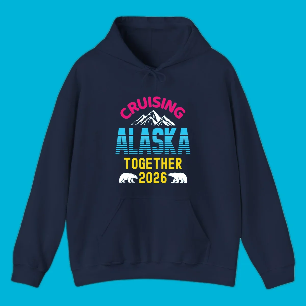 A scenic design for an Alaska cruise in 2026, with pink, blue, and yellow text, mountains, and two polar bears.