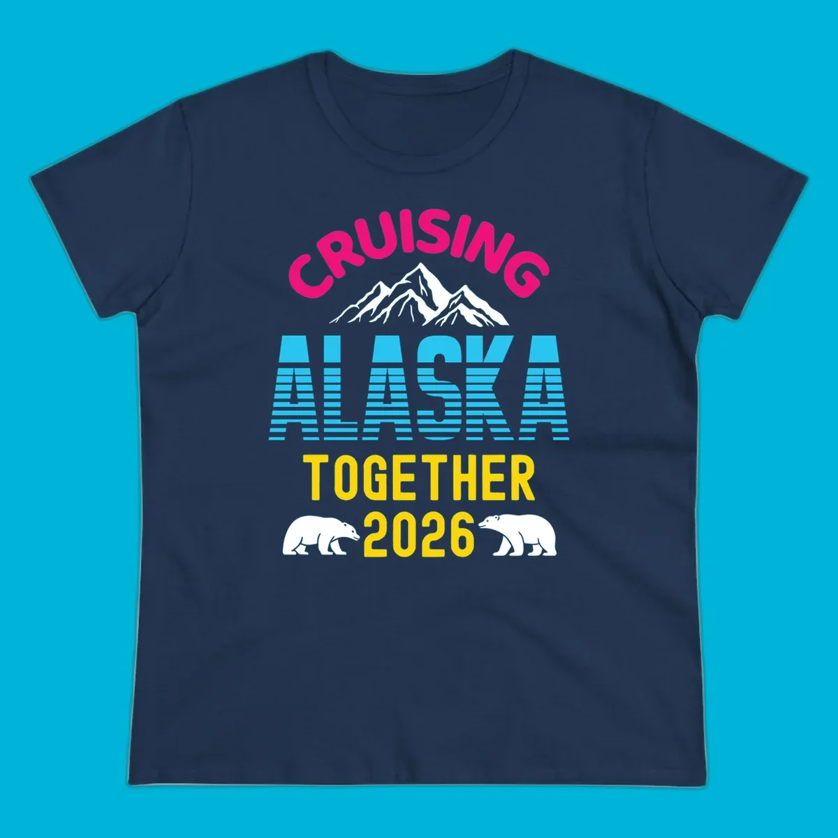 A scenic design for an Alaska cruise in 2026, with pink, blue, and yellow text, mountains, and two polar bears.