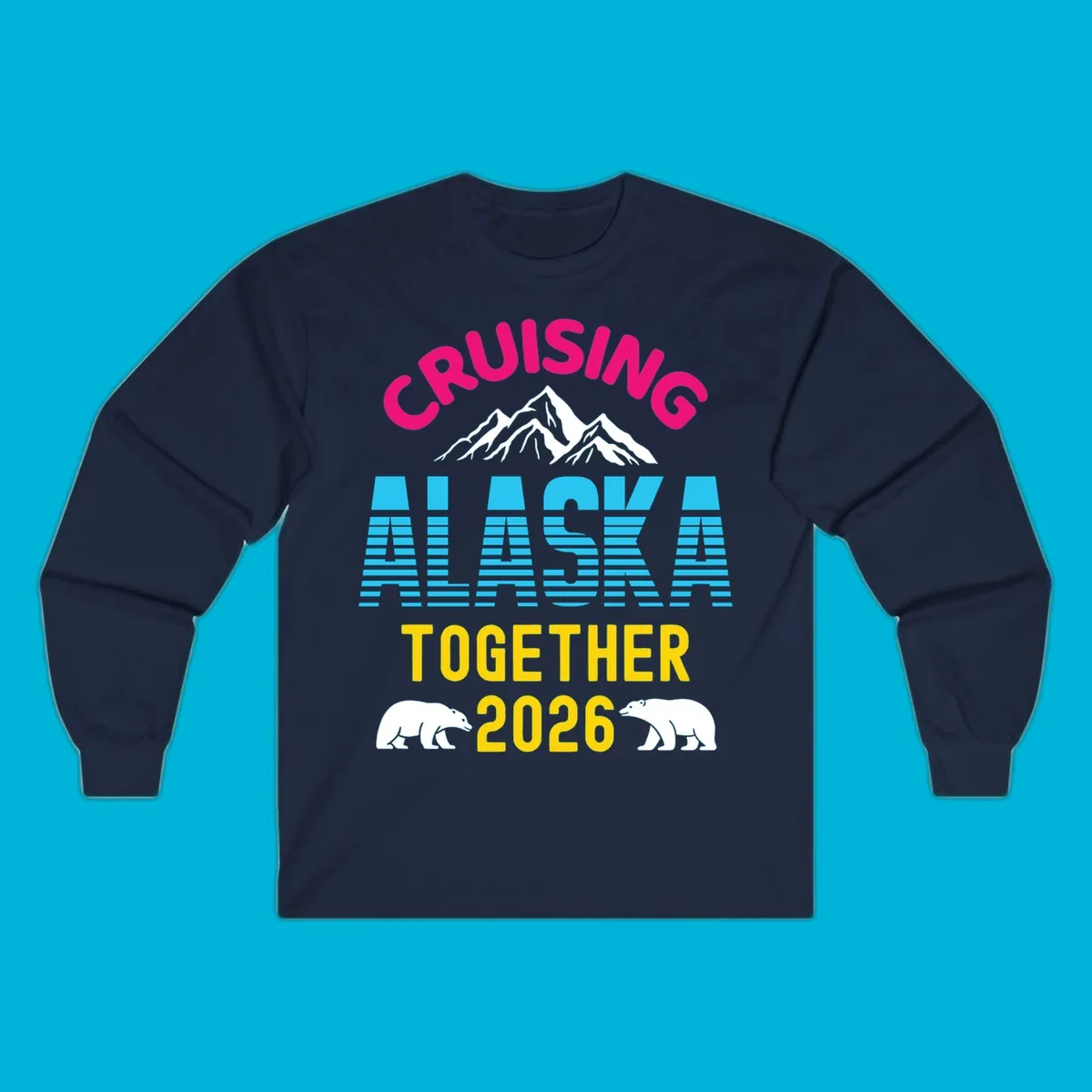 A scenic design for an Alaska cruise in 2026, with pink, blue, and yellow text, mountains, and two polar bears.