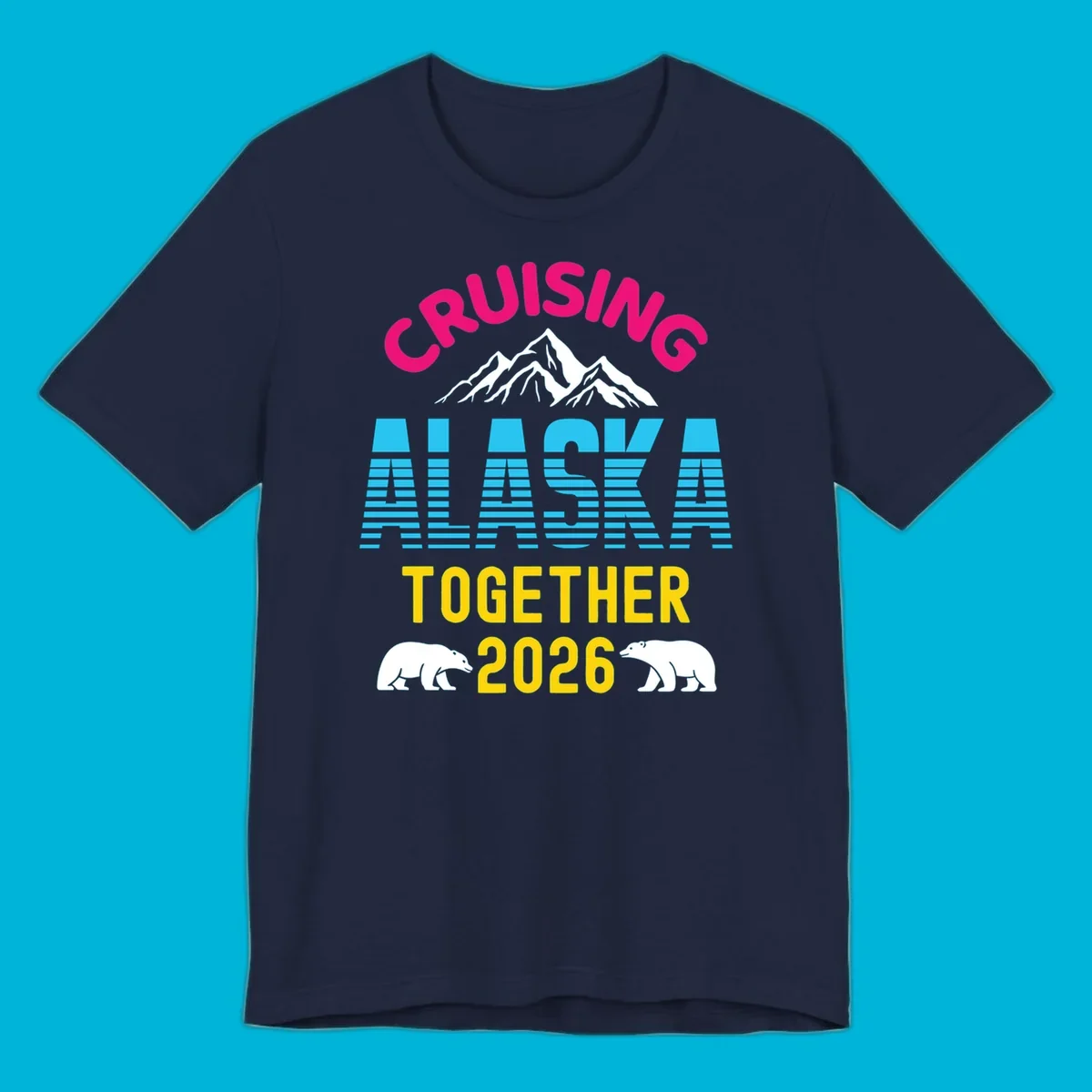 A scenic design for an Alaska cruise in 2026, with pink, blue, and yellow text, mountains, and two polar bears.