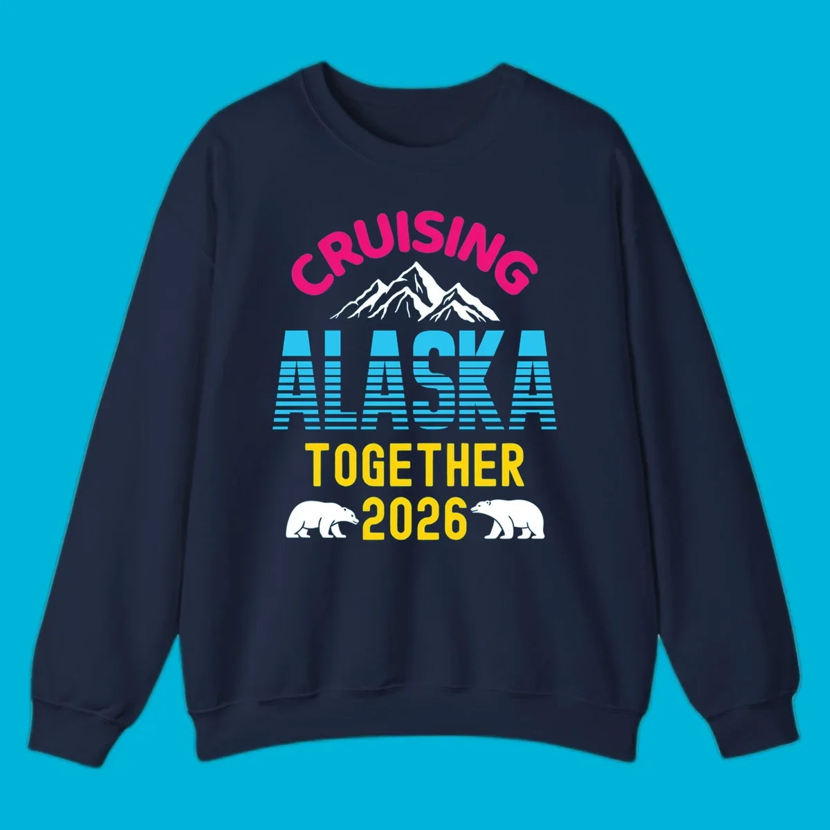 A scenic design for an Alaska cruise in 2026, with pink, blue, and yellow text, mountains, and two polar bears.
