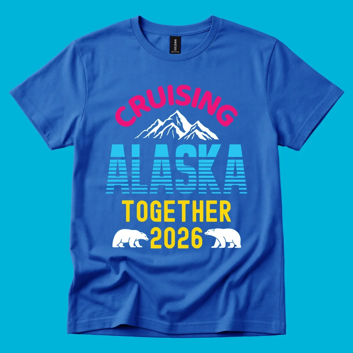 A scenic design for an Alaska cruise in 2026, with pink, blue, and yellow text, mountains, and two polar bears.