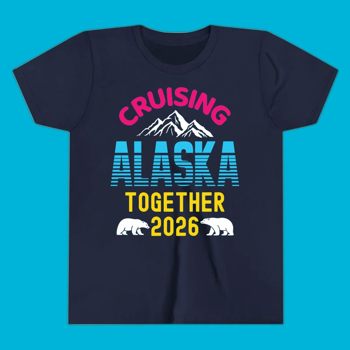 A scenic design for an Alaska cruise in 2026, with pink, blue, and yellow text, mountains, and two polar bears.