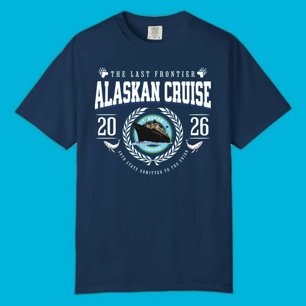 A vintage badge design for an alaskan cruise 2026 emblem with a ship, laurel wreath, whales, and text.