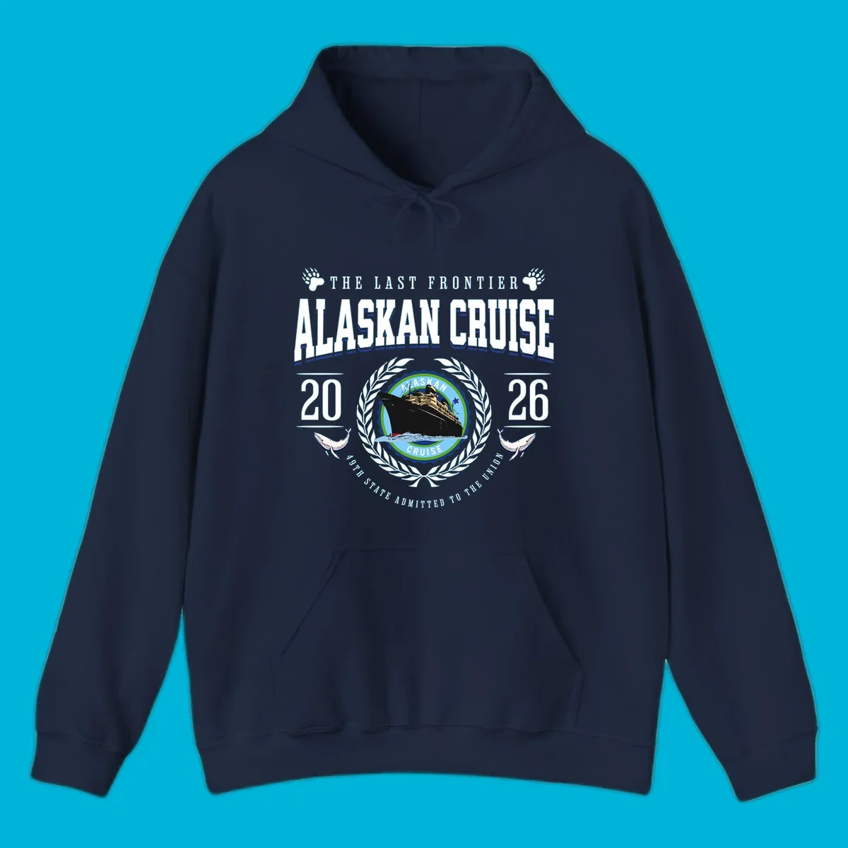 A vintage badge design for an alaskan cruise 2026 emblem with a ship, laurel wreath, whales, and text.
