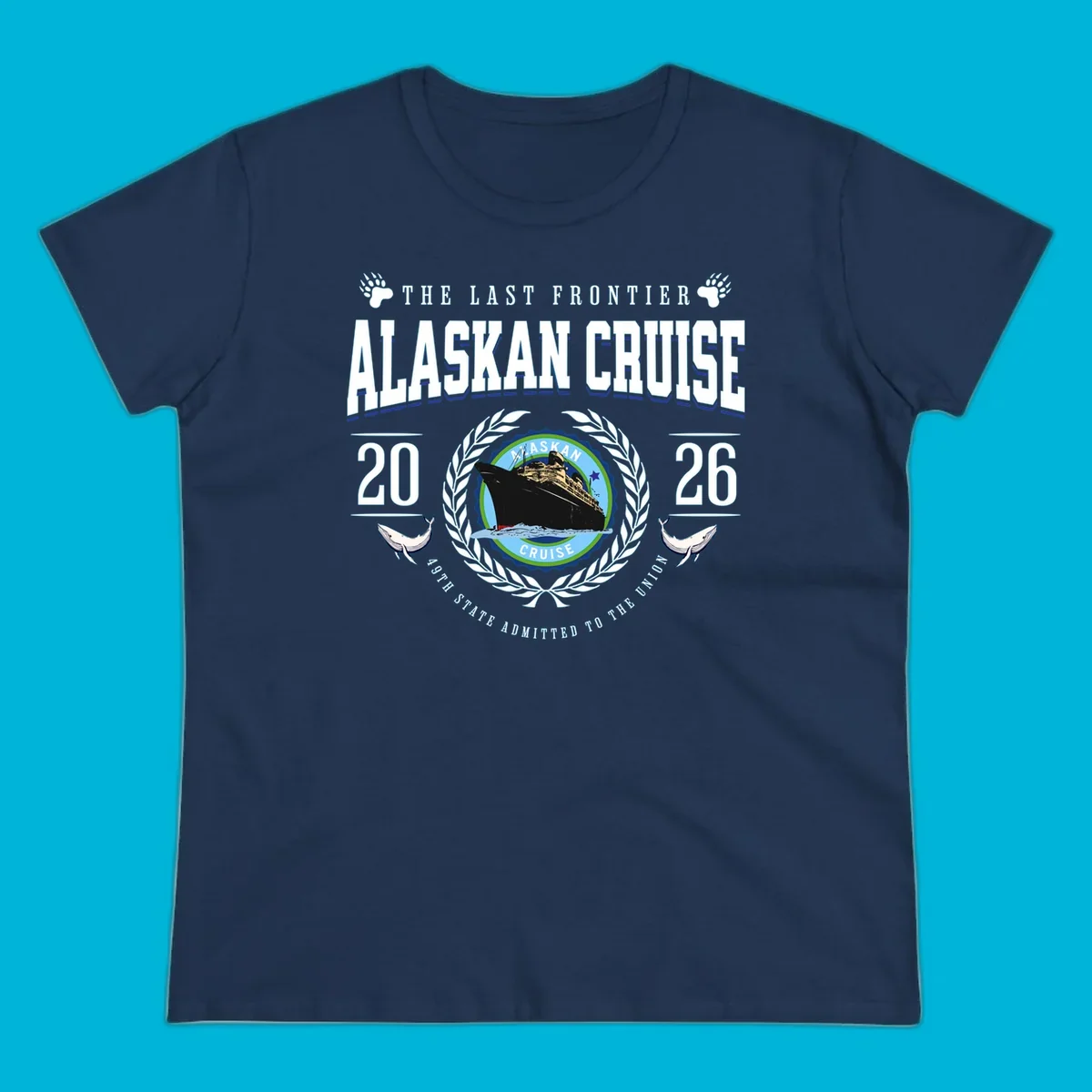 A vintage badge design for an alaskan cruise 2026 emblem with a ship, laurel wreath, whales, and text.