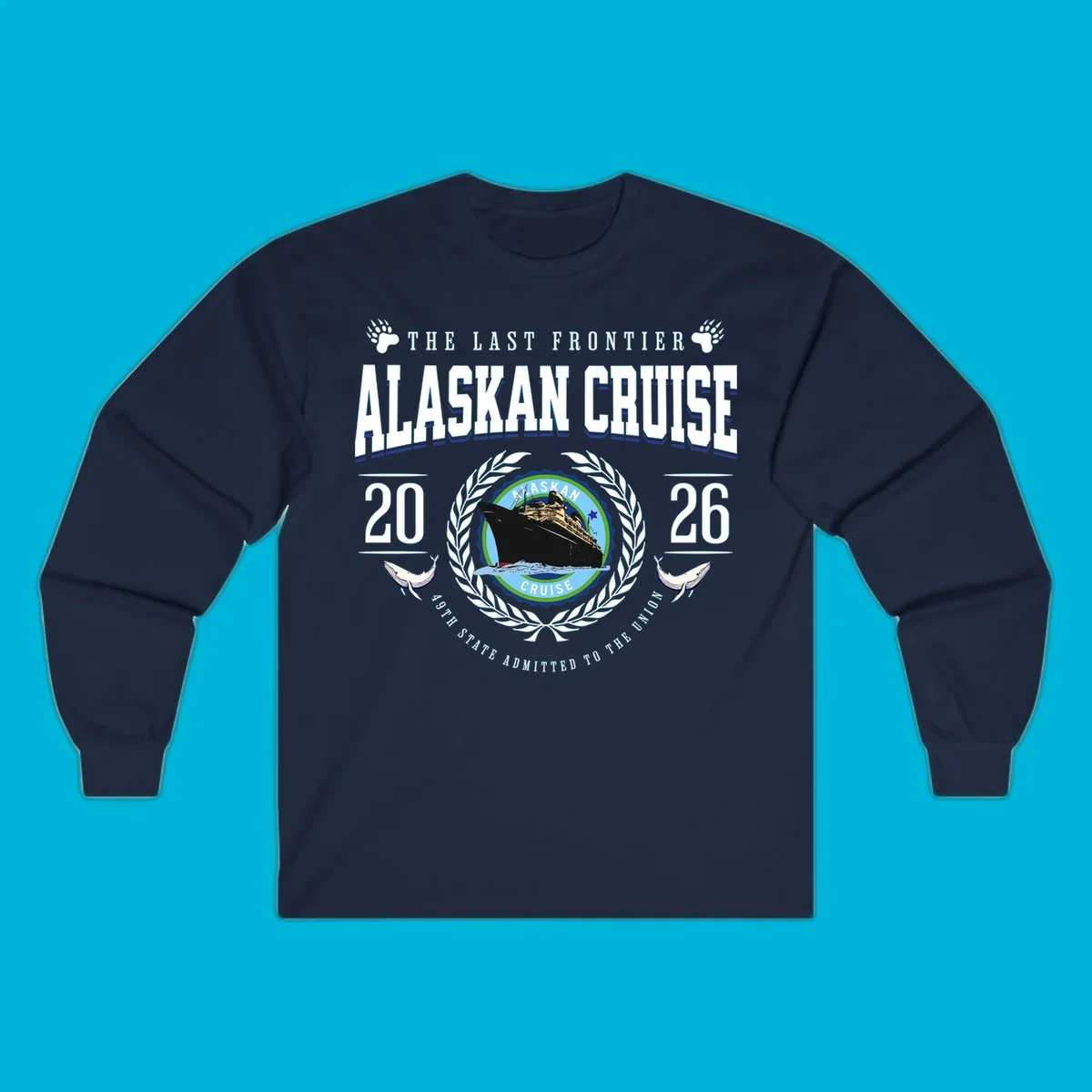 A vintage badge design for an alaskan cruise 2026 emblem with a ship, laurel wreath, whales, and text.
