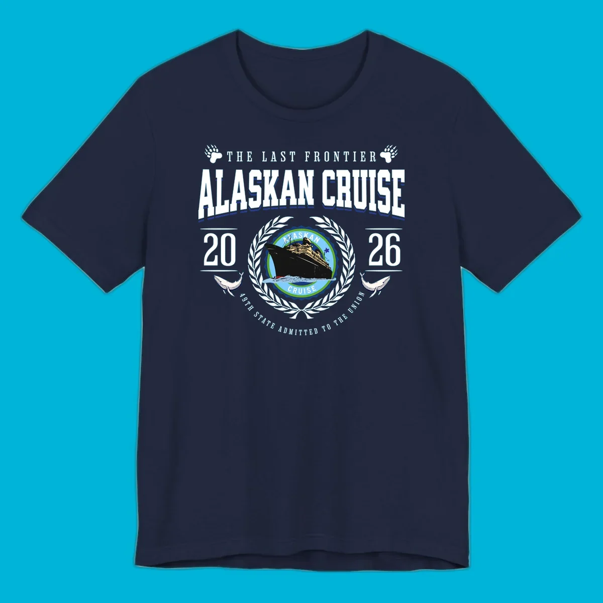 A vintage badge design for an alaskan cruise 2026 emblem with a ship, laurel wreath, whales, and text.
