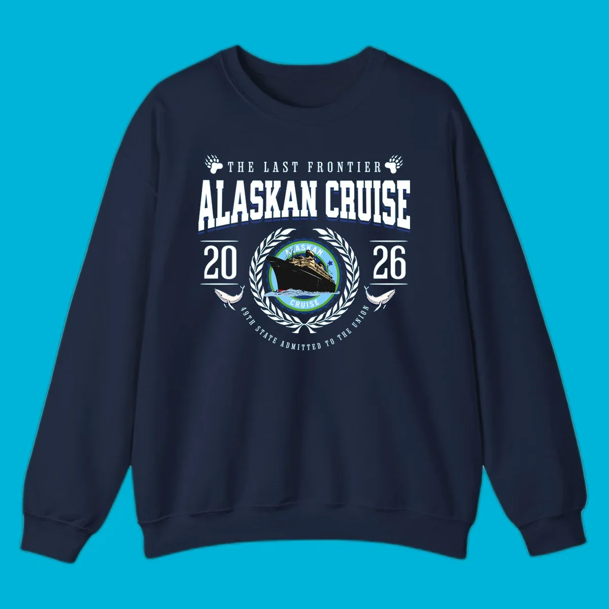 A vintage badge design for an alaskan cruise 2026 emblem with a ship, laurel wreath, whales, and text.