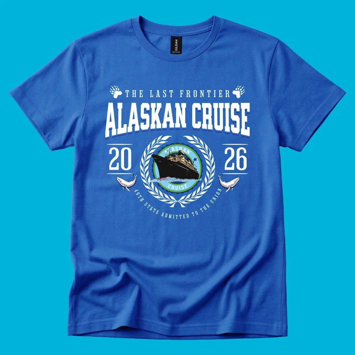 A vintage badge design for an alaskan cruise 2026 emblem with a ship, laurel wreath, whales, and text.