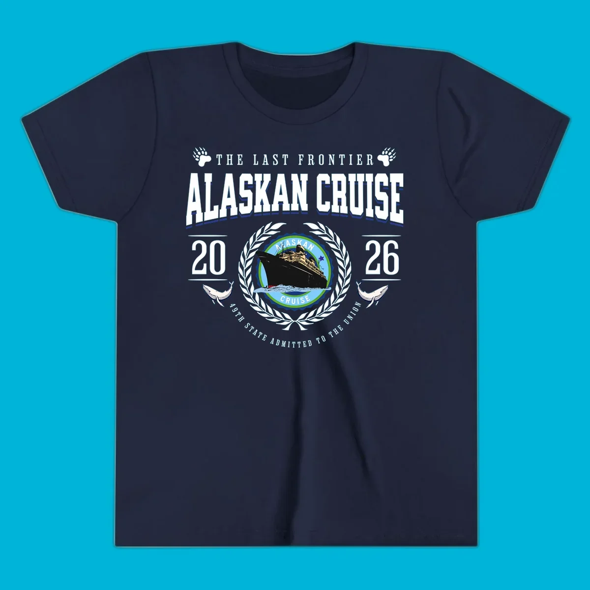A vintage badge design for an alaskan cruise 2026 emblem with a ship, laurel wreath, whales, and text.