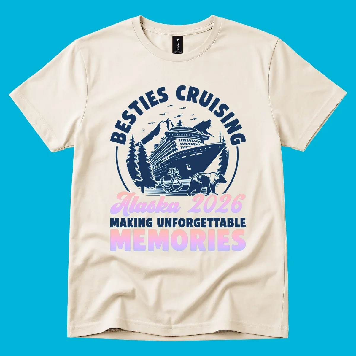 An illustrated design for an Alaska besties cruise in 2026, featuring a ship, mountains, trees, bear, and anchor.