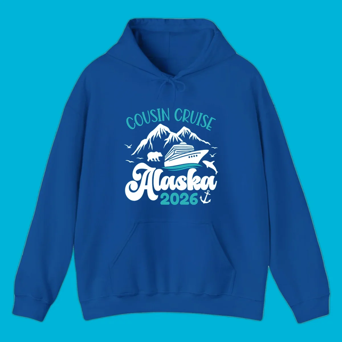 A design for a cousin cruise to Alaska in 2026, featuring a cruise ship, mountains, a bear, dolphin, and anchor.