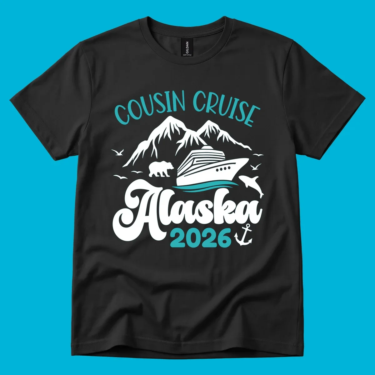 A design for a cousin cruise to Alaska in 2026, featuring a cruise ship, mountains, a bear, dolphin, and anchor.